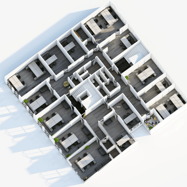 3D floor plan of the first floor serviced offices for rent located in Portland Plaza, Portland Street Manchester, showcasing office layout and spaces, highlighting workspace arrangement.