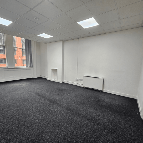 Rent Unit 114 at Method Spaces: a stylish office with 5 desks capacity, high ceilings, and natural light with view of Portland Street, Manchester.
