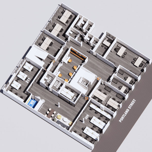 3D representation of the third floor office layout at Portland Plaza, Manchester, highlighting workspace arrangement.