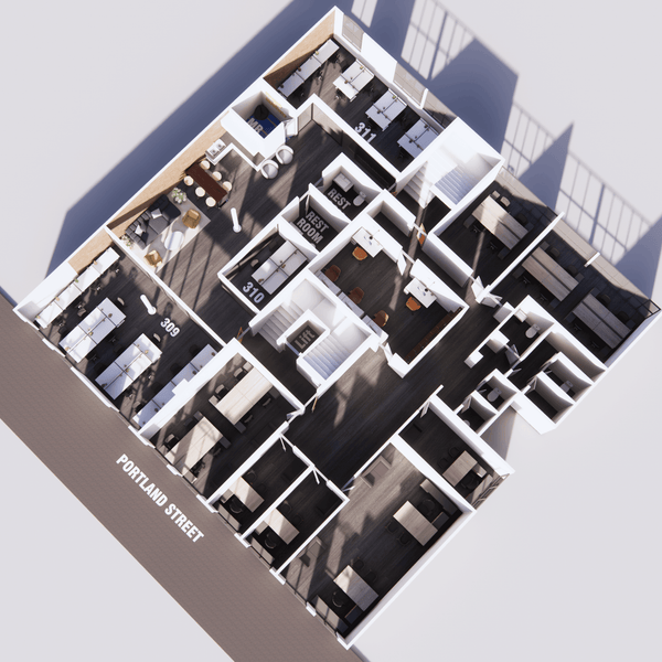 Detailed 3D floor plan of the serviced office on the third floor in Portland Plaza, Manchester, illustrating office design.