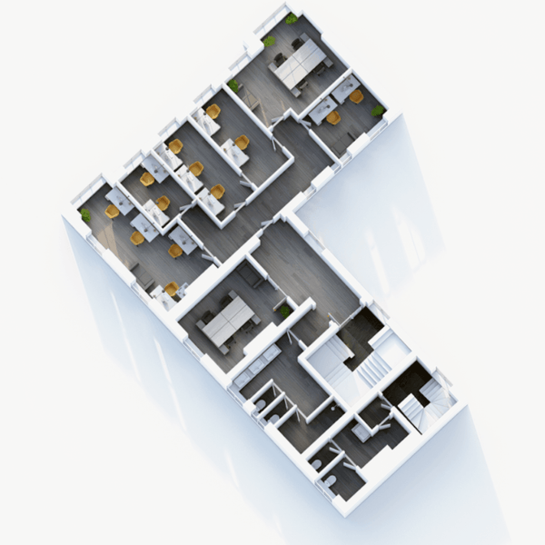 3D floor plan of the second floor serviced office located in Bradshaw Gate, Bolton, Manchester, showcasing office layout and spaces.