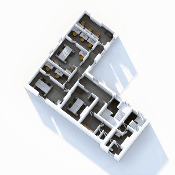 3D floor plan of the third floor serviced office located in Bradshaw Gate, Bolton, Manchester, showcasing office layout and spaces.
