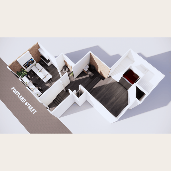 3D floor plan of the ground floor serviced office located in Portland St. Manchester, showcasing office layout and spaces.