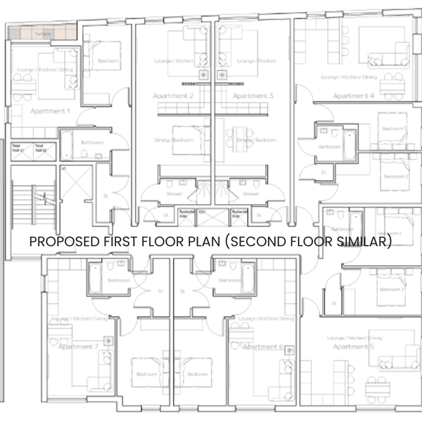 Proposed floor plan for the first and second floor of a development site in Bolton, Greater Manchester, showcasing room layouts and dimensions.