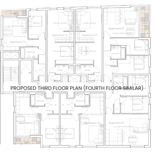 Proposed floor plan for the third floor of a development site in Bolton, Greater Manchester, showcasing room layouts and dimensions.