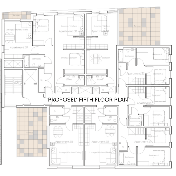 Proposed floor plan for the fifth floor of a development site in Bolton, Greater Manchester, showcasing room layouts and dimensions.