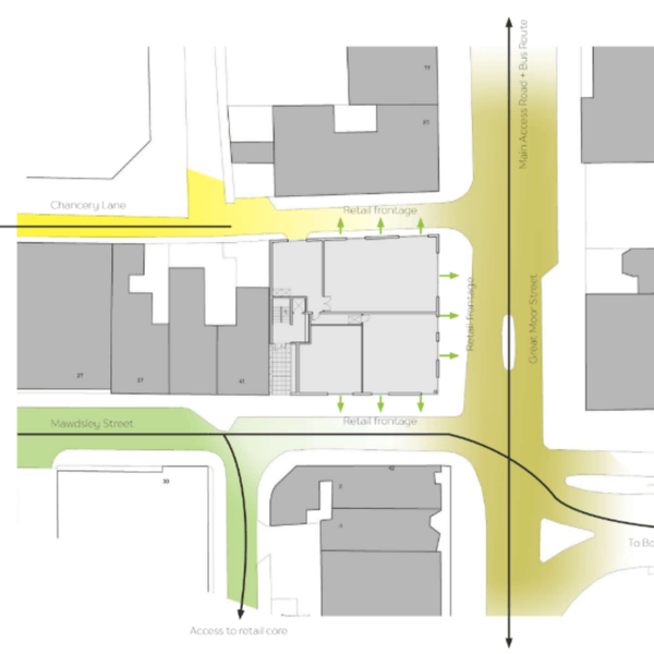 Site plan illustration for the new building, detailing layout, entrances, and surrounding landscape features.