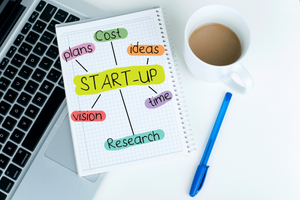 Start Up business concept words in office with notebook, laptop and coffee. Blog image for Staring a Business with Zero Capital.