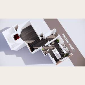 Detailed 3D floor plan of the serviced office on the ground floor in Portland St., Manchester, illustrating office design.