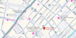 Map showing the route to Method Spaces, Portland Plaza, Manchester UK, where serviced offices are available for rent.